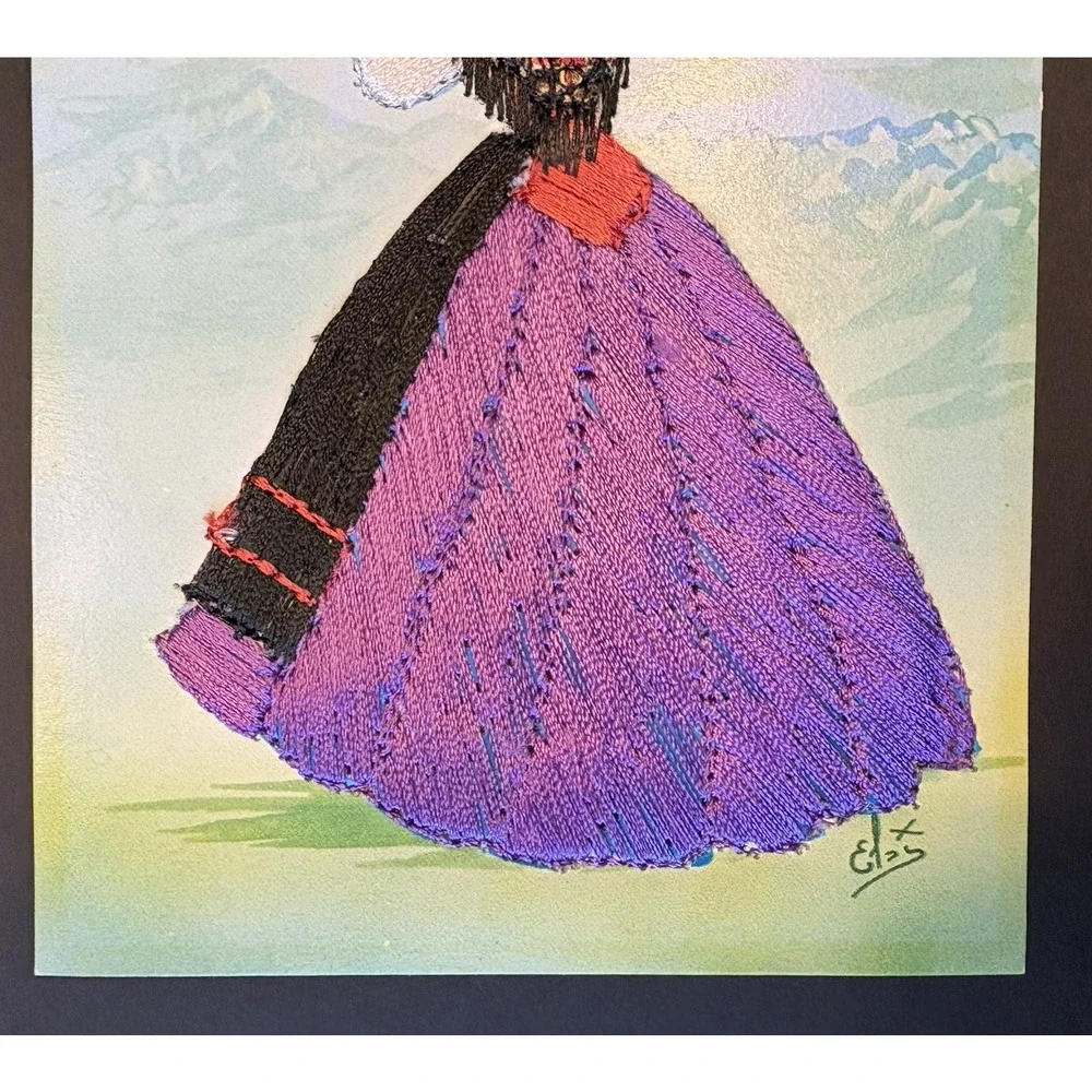 Vintage Embroidered Card of Woman‎ Wearing Swiss National Costume Purple Black